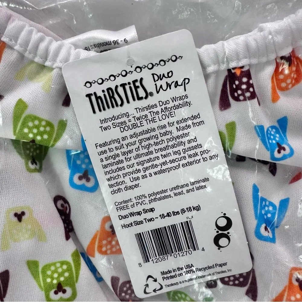 NWT NEW Thirsties Duo Wrap Snap Hoot Size 2 Cloth Diaper Cover Double Gusset